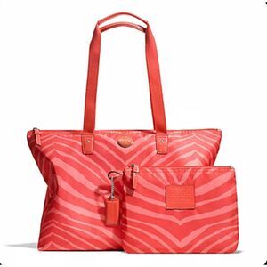 Coach Getaway Zebra Print Packable Weekender Tote with Matching Pouch